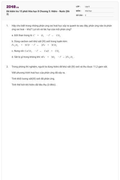 Đề kiểm tra 15 phút Hóa học 8 Chương 5: Hidro - Nước (Đề 3)