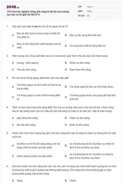 193 Câu trắc nghiệm Sóng ánh sáng từ đề thi các trường cực hay có lời giải chi tiết (P1)