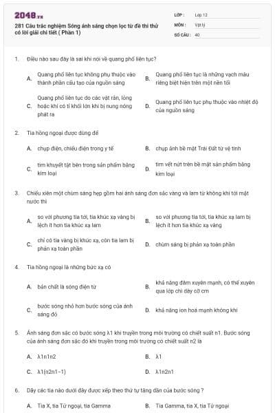281 Câu trắc nghiệm Sóng ánh sáng chọn lọc từ đề thi thử có lời giải chi tiết ( Phần 1)