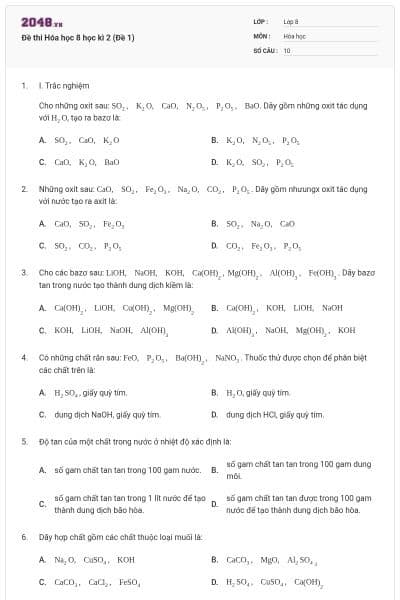 Đề thi Hóa học 8 học kì 2 (Đề 1)