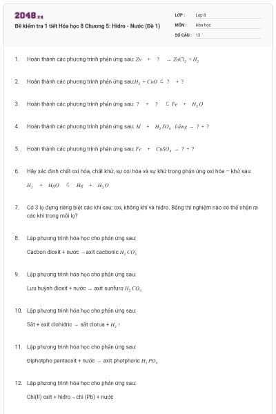Đề kiểm tra 1 tiết Hóa học 8 Chương 5: Hidro - Nước (Đề 1)