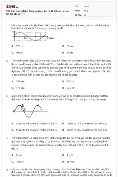 200 Câu trắc nghiệm Sóng cơ chọn lọc từ đề thi cực hay có lời giải chi tiết (P1)