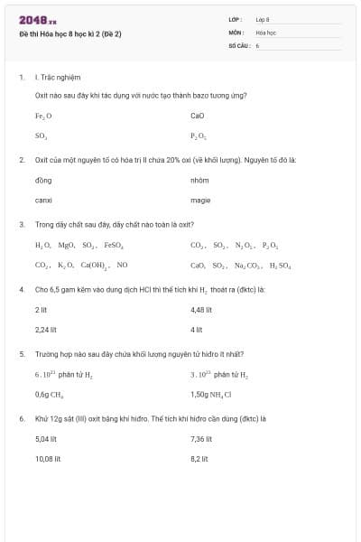 Đề thi Hóa học 8 học kì 2 (Đề 2)