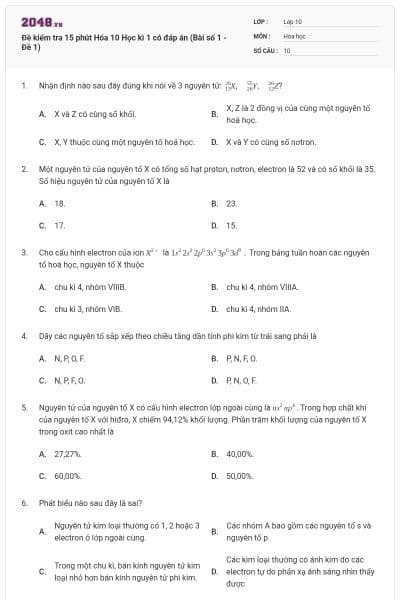 Đề kiểm tra 15 phút Hóa 10 Học kì 1 có đáp án (Bài số 1 - Đề 1)
