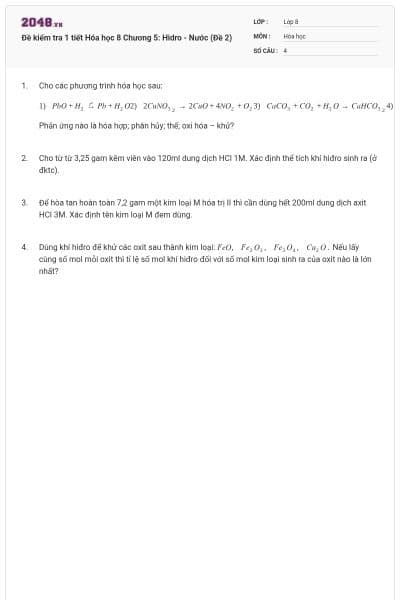Đề kiểm tra 1 tiết Hóa học 8 Chương 5: Hidro - Nước (Đề 2)