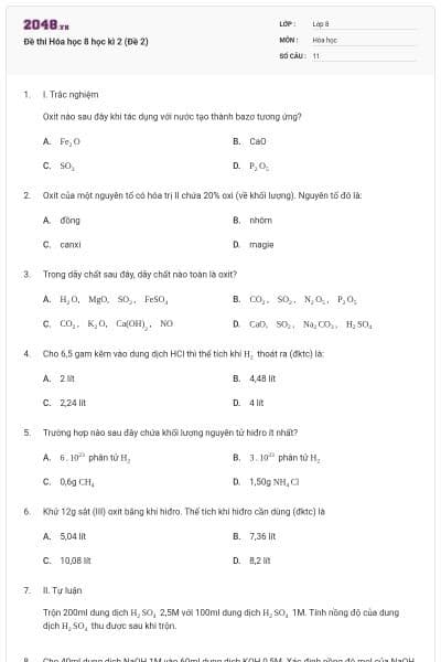 Đề thi Hóa học 8 học kì 2 (Đề 2)