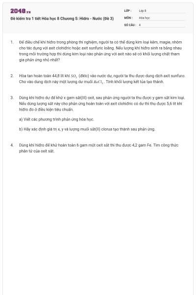 Đề kiểm tra 1 tiết Hóa học 8 Chương 5: Hidro - Nước (Đề 3)
