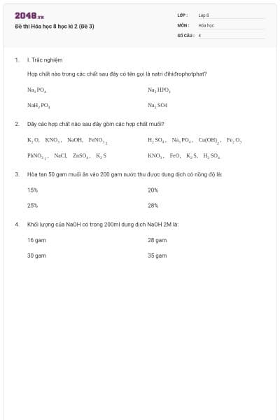 Đề thi Hóa học 8 học kì 2 (Đề 3)
