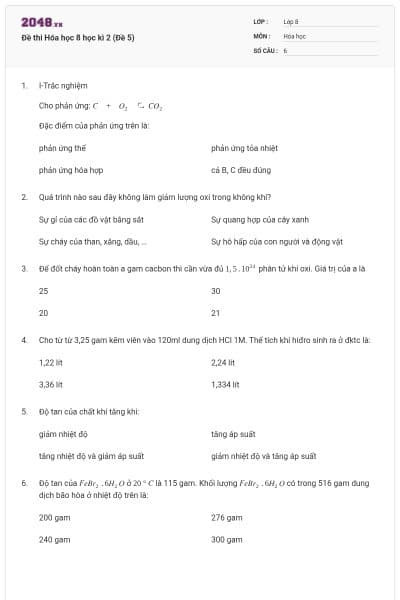 Đề thi Hóa học 8 học kì 2 (Đề 5)