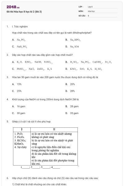 Đề thi Hóa học 8 học kì 2 (Đề 3)