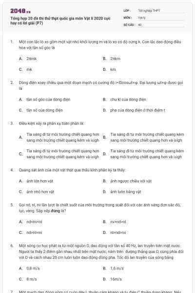 Tổng hợp 20 đề thi thử thpt quốc gia môn Vật lí 2020 cực hay có lời giải (P7)