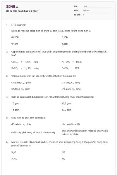 Đề thi Hóa học 8 học kì 2 (Đề 4)