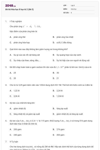 Đề thi Hóa học 8 học kì 2 (Đề 5)