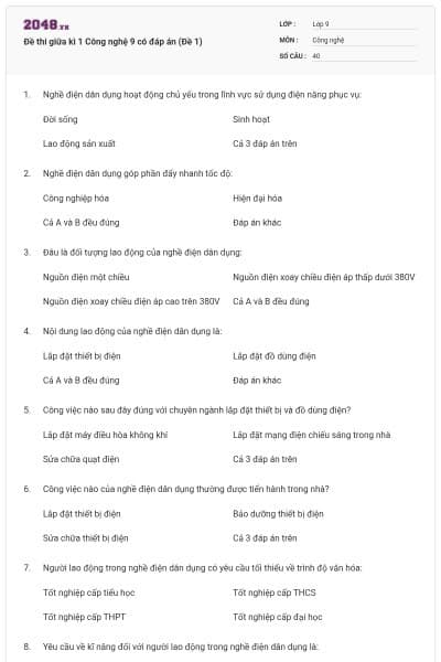 Đề thi giữa kì 1 Công nghệ 9 có đáp án (Đề 1)