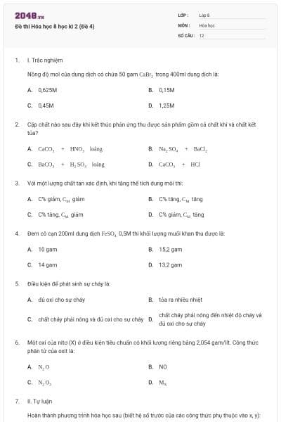 Đề thi Hóa học 8 học kì 2 (Đề 4)