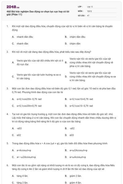 460 Bài trắc nghiệm Dao động cơ chọn lọc cực hay có lời giải (Phần 11)