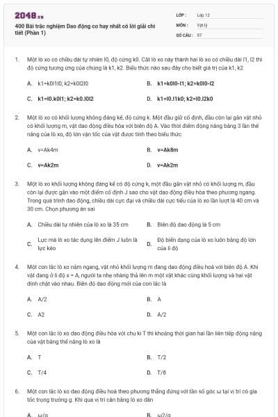 400 Bài trắc nghiệm Dao động cơ hay nhất có lời giải chi tiết (Phần 1)
