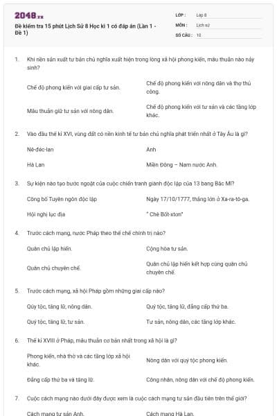 Đề kiểm tra 15 phút Lịch Sử 8 Học kì 1 có đáp án (Lần 1 - Đề 1)