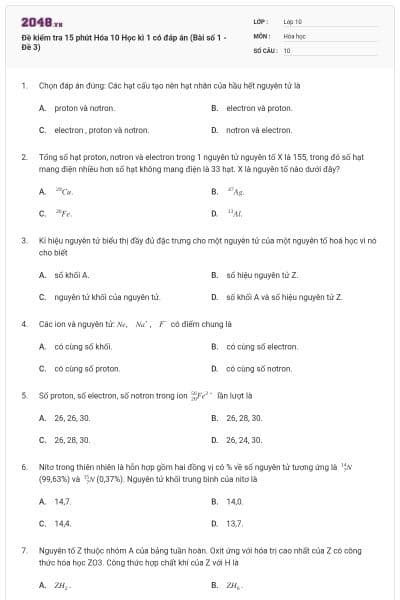 Đề kiểm tra 15 phút Hóa 10 Học kì 1 có đáp án (Bài số 1 - Đề 3)