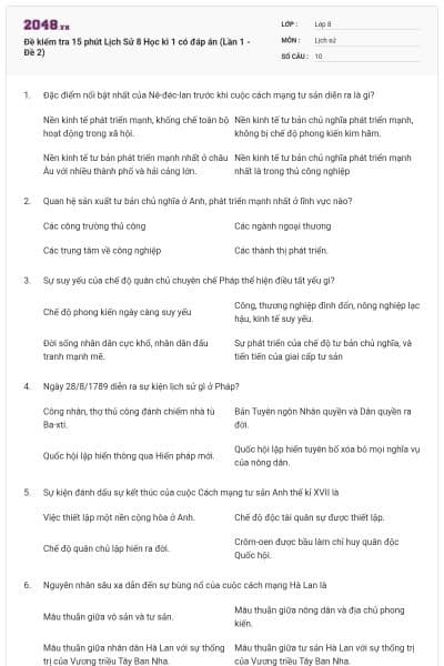 Đề kiểm tra 15 phút Lịch Sử 8 Học kì 1 có đáp án (Lần 1 - Đề 2)