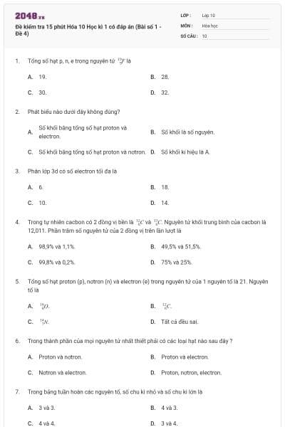 Đề kiểm tra 15 phút Hóa 10 Học kì 1 có đáp án (Bài số 1 - Đề 4)