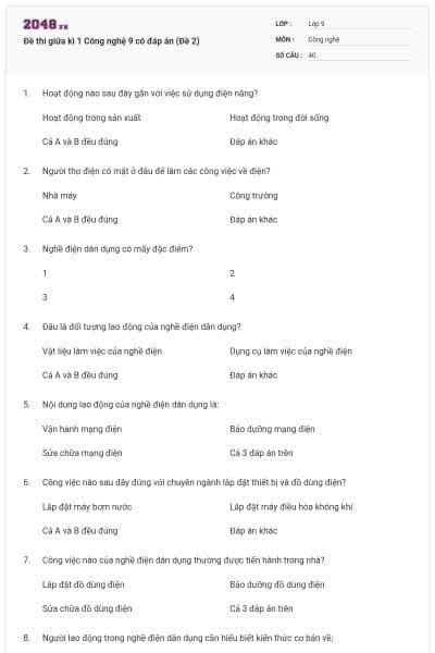Đề thi giữa kì 1 Công nghệ 9 có đáp án (Đề 2)