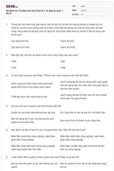 Đề kiểm tra 15 phút Lịch Sử 8 Học kì 1 có đáp án (Lần 1 - Đề 3)