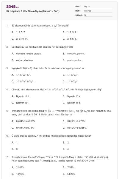 Đề thi giữa kì 1 Hóa 10 có đáp án (Bài số 1 - Đề 1)