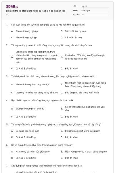 Đề kiểm tra 15 phút Công nghệ 10 Học kì 1 có đáp án (Đề 2)