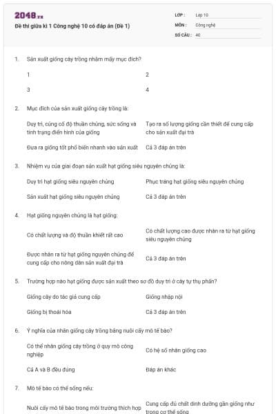 Đề thi giữa kì 1 Công nghệ 10 có đáp án (Đề 1)