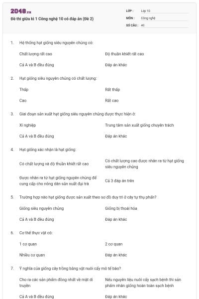 Đề thi giữa kì 1 Công nghệ 10 có đáp án (Đề 2)