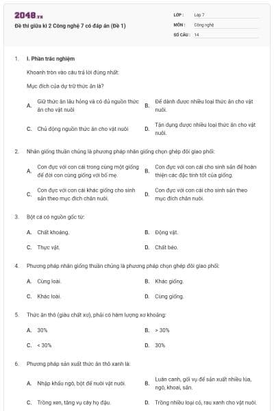 Đề thi giữa kì 2 Công nghệ 7 có đáp án (Đề 1)