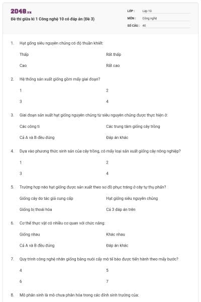 Đề thi giữa kì 1 Công nghệ 10 có đáp án (Đề 3)