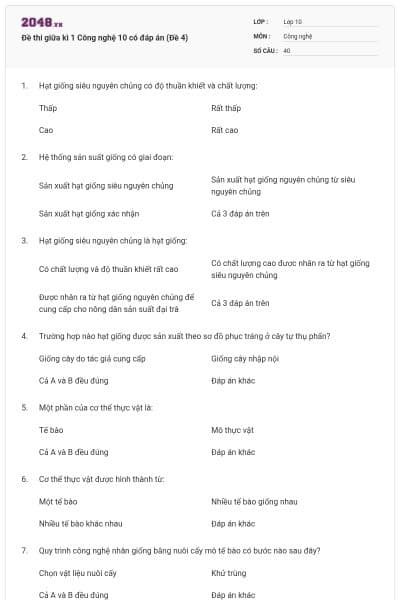 Đề thi giữa kì 1 Công nghệ 10 có đáp án (Đề 4)