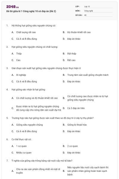 Đề thi giữa kì 1 Công nghệ 10 có đáp án (Đề 2)