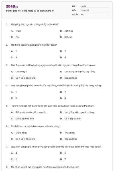 Đề thi giữa kì 1 Công nghệ 10 có đáp án (Đề 3)