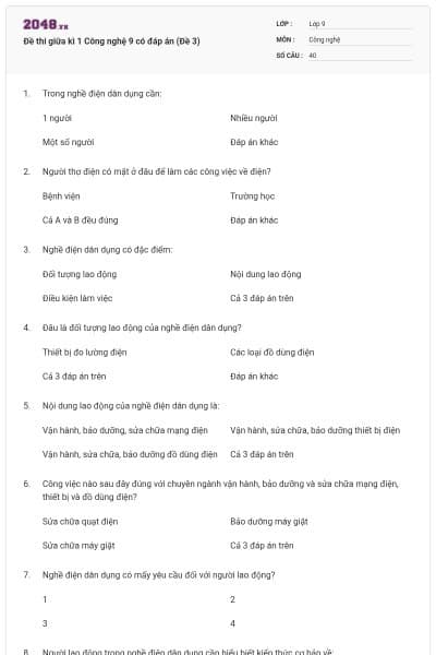 Đề thi giữa kì 1 Công nghệ 9 có đáp án (Đề 3)