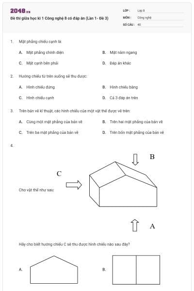 Đề thi giữa học kì 1 Công nghệ 8 có đáp án (Lần 1- Đề 3)
