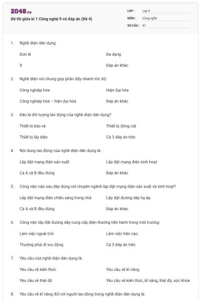 Đề thi giữa kì 1 Công nghệ 9 có đáp án (Đề 4)