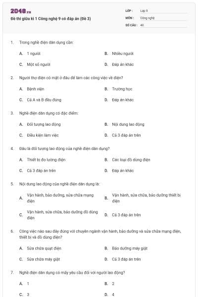 Đề thi giữa kì 1 Công nghệ 9 có đáp án (Đề 3)