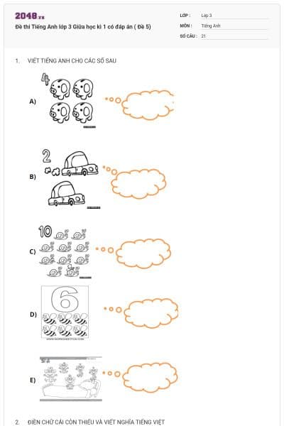 Đề thi Tiếng Anh lớp 3 Giữa học kì 1 có đáp án ( Đề 5)