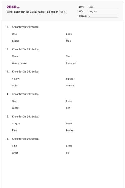 Đề thi Tiếng Anh lớp 3 Cuối học kì 1 có đáp án ( Đề 1)