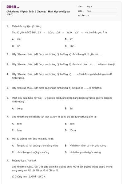 Đề kiểm tra 45 phút Toán 8 Chương 1 Hình Học có đáp án (Đề 1)