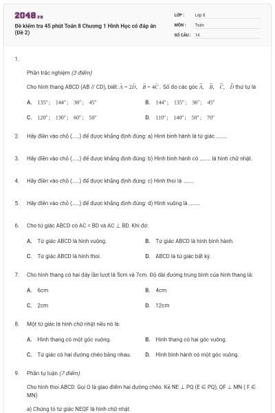 Đề kiểm tra 45 phút Toán 8 Chương 1 Hình Học có đáp án (Đề 2)