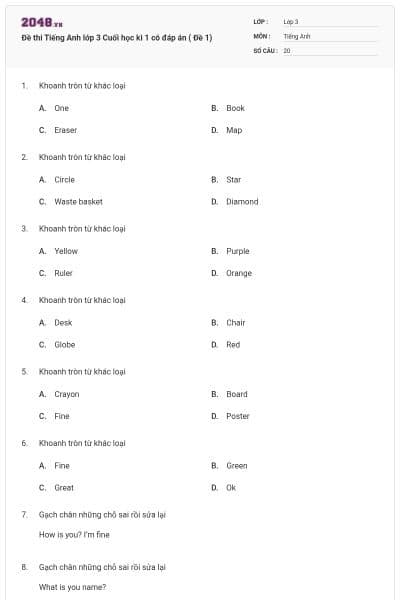 Đề thi Tiếng Anh lớp 3 Cuối học kì 1 có đáp án ( Đề 1)