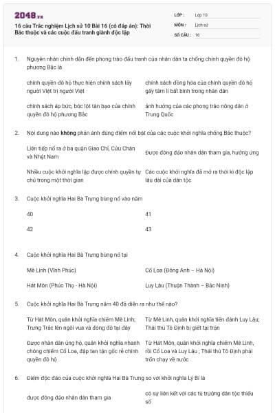 16 câu Trắc nghiệm Lịch sử 10 Bài 16 (có đáp án): Thời Bắc thuộc và các cuộc đấu tranh giành độc lập