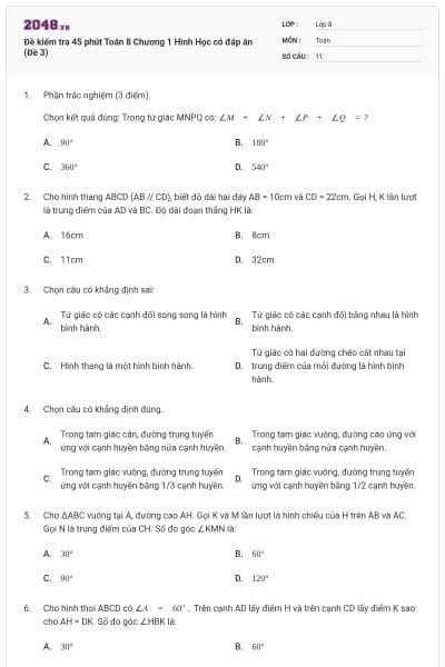 Đề kiểm tra 45 phút Toán 8 Chương 1 Hình Học có đáp án (Đề 3)
