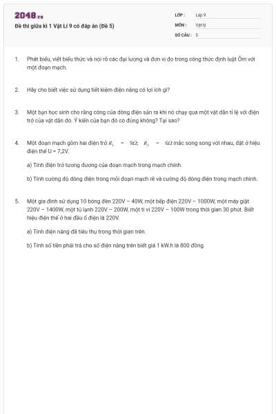 Đề thi giữa kì 1 Vật Lí 9 có đáp án (Đề 5)