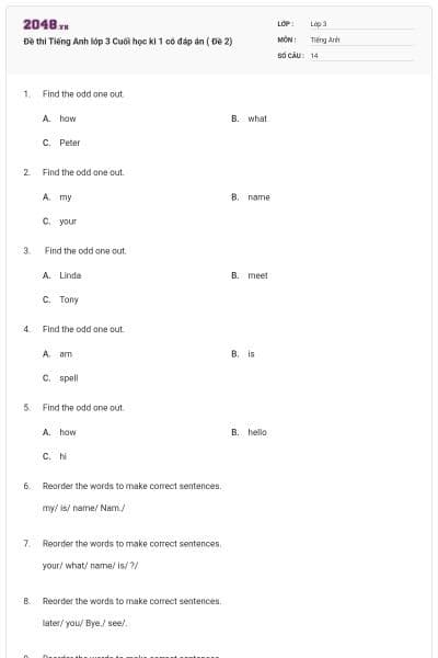 Đề thi Tiếng Anh lớp 3 Cuối học kì 1 có đáp án ( Đề 2)