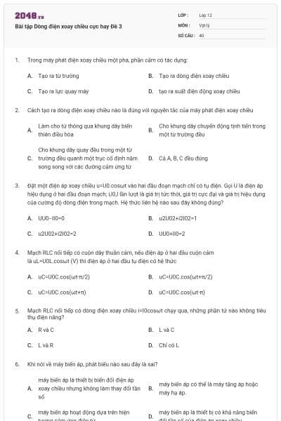 Bài tập Dòng điện xoay chiều cực hay Đề 3